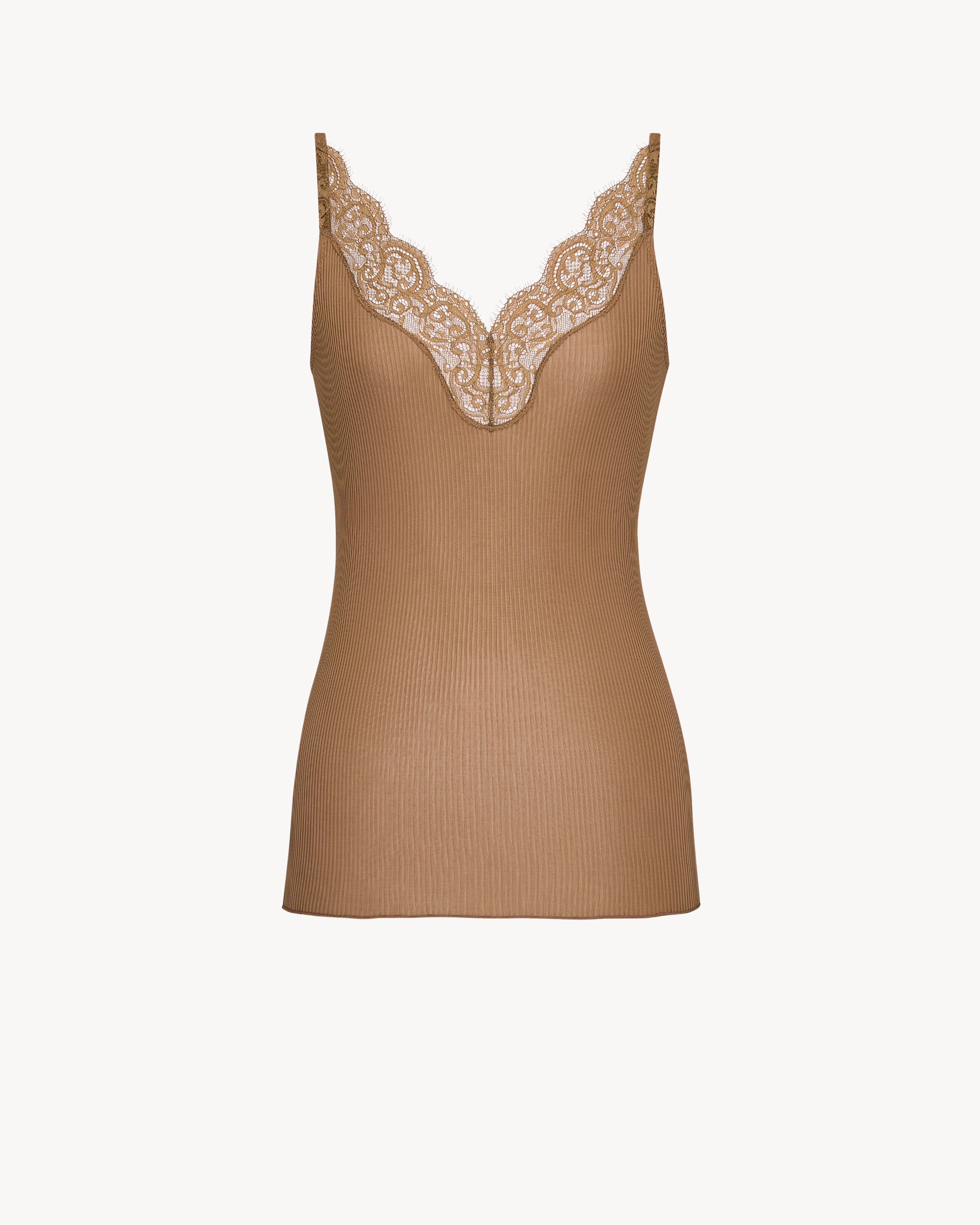 Laced Tank Top in Ribbed Silk Jersey in Brown | Saint Laurent