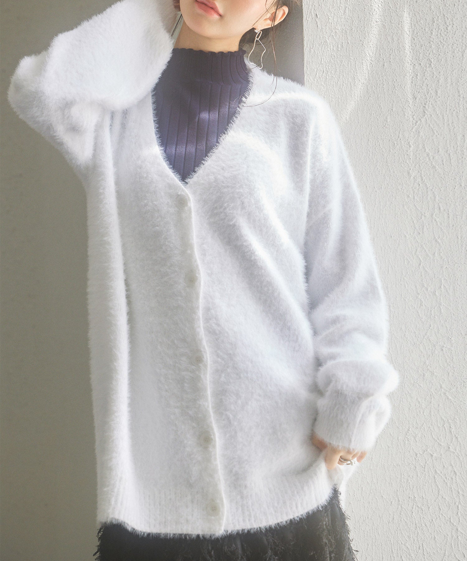 Vネックドロップショルダーシャギーカーディガンsdp8034 ホワイト