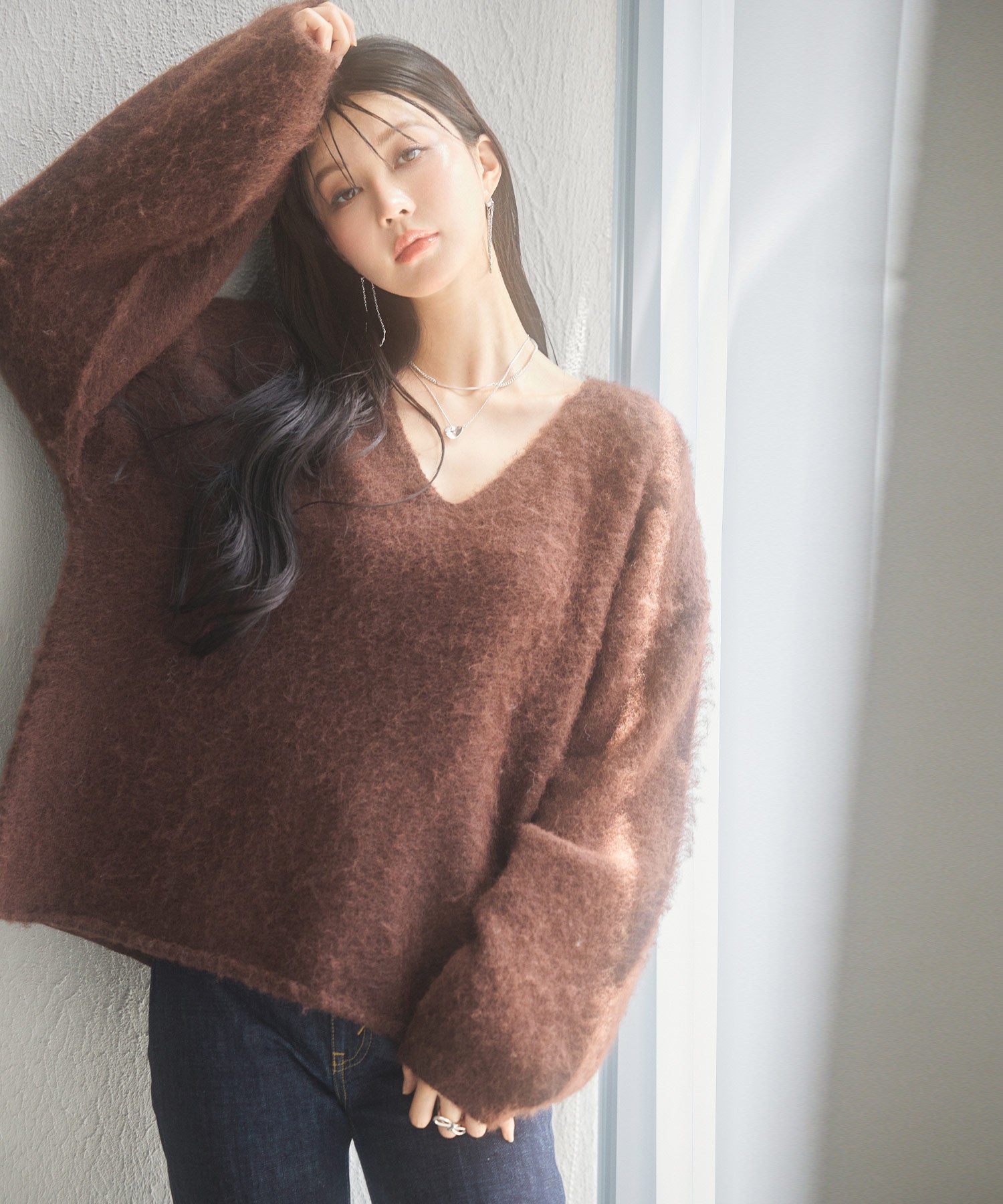 深めVネックドロップショルダーニットプルオーバーsdp8042 ダーク