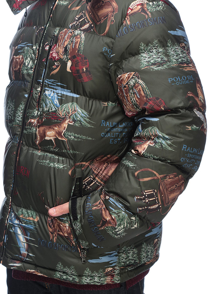 ダウンジャケット フード着脱 総柄プリント フルジップ アウター 防寒