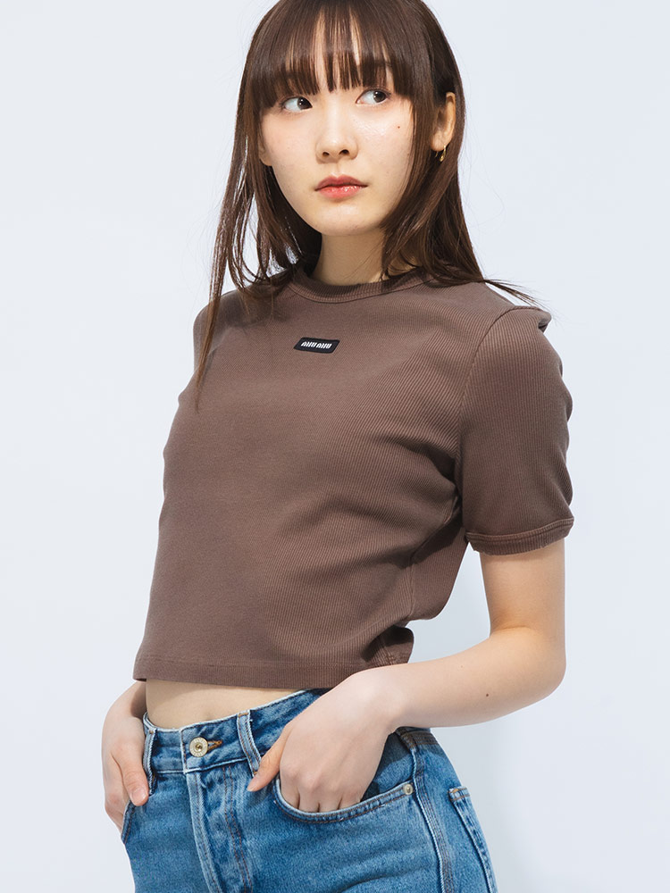 MIU MIU (ミュウミュウ) リブコットン ロゴパッチ クロップドTシャツ
