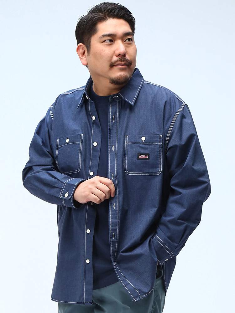 長袖 ワークシャツ 無地＆ストライプ ポケット付き トップス