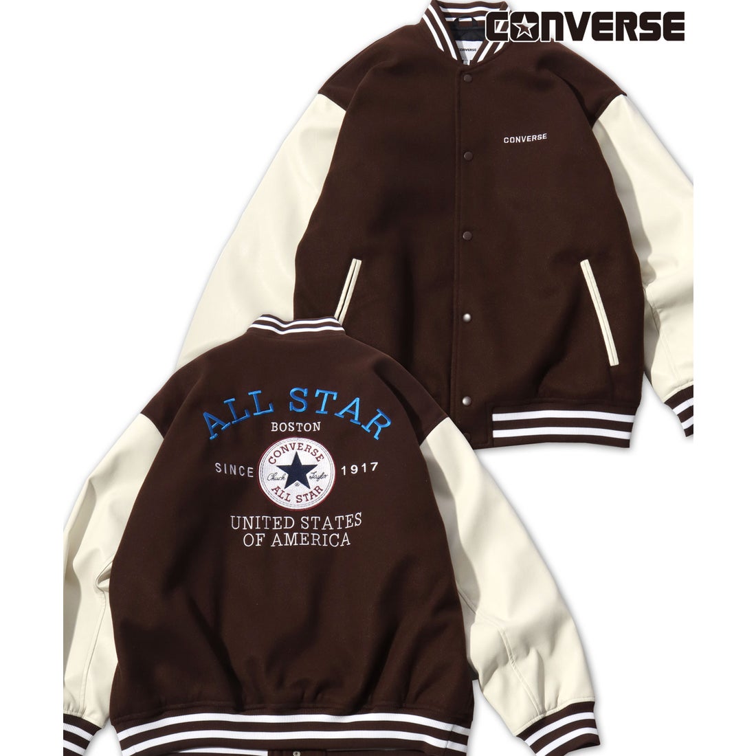 CONVERSE メルトンウール/デニム 袖フェイクレザー 切替 スタジャン