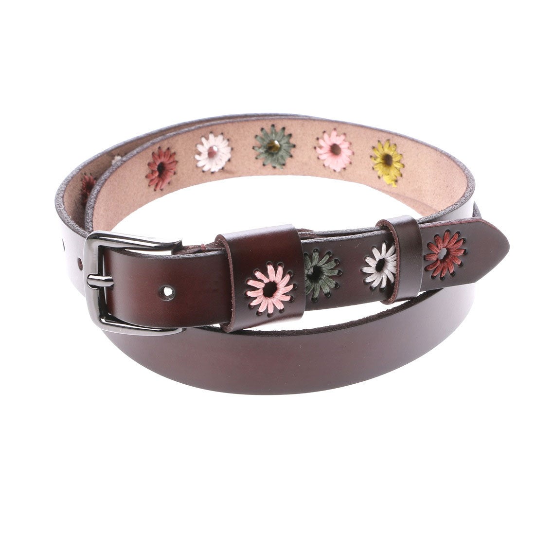 チャイハネ】レザーフラワー刺繍ベルト ブラウン -靴＆ファッション