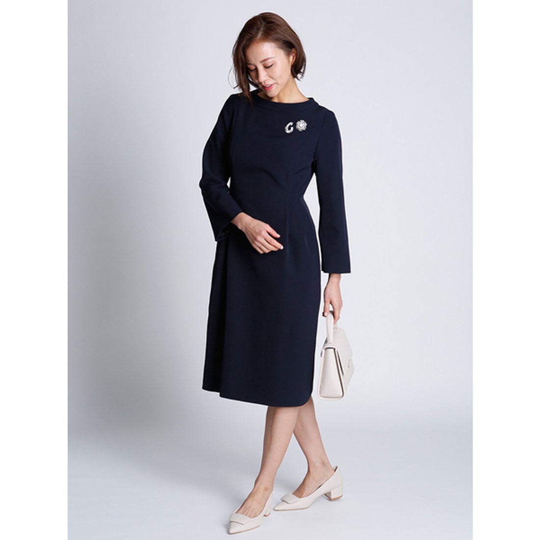 セルフォード CELFORD ボートネックタックタイトワンピース （ネイビー