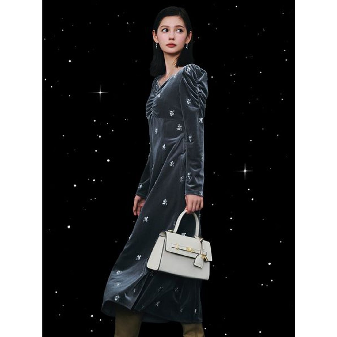 セルフォード CELFORD 花柄刺繍ベロアワンピース （GRY