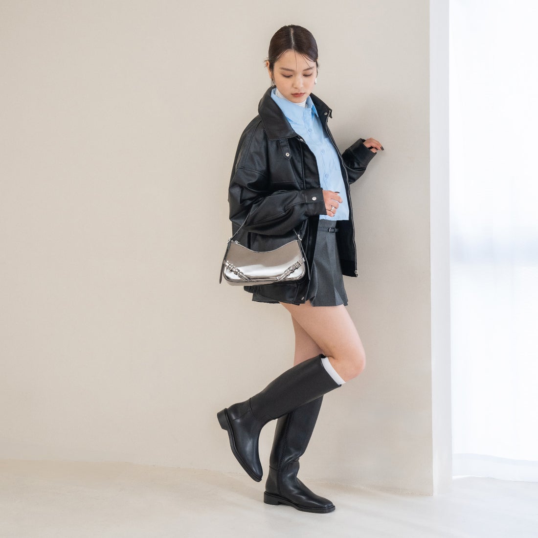 CHARLES & KEITH サイドジップ ロングライディングブーツ （Black