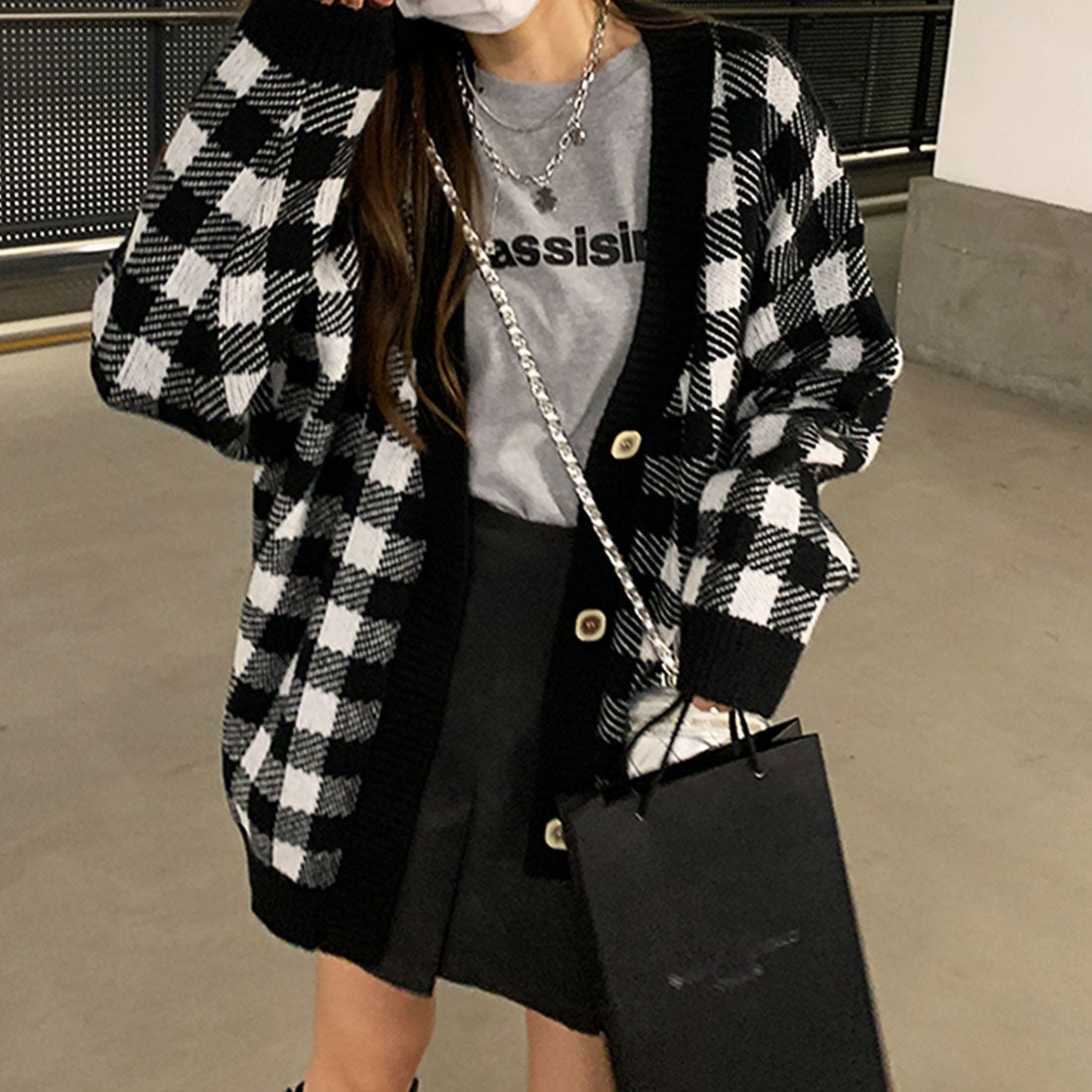 アミュレット Amulet スクエアチェック柄ニットカーディガン