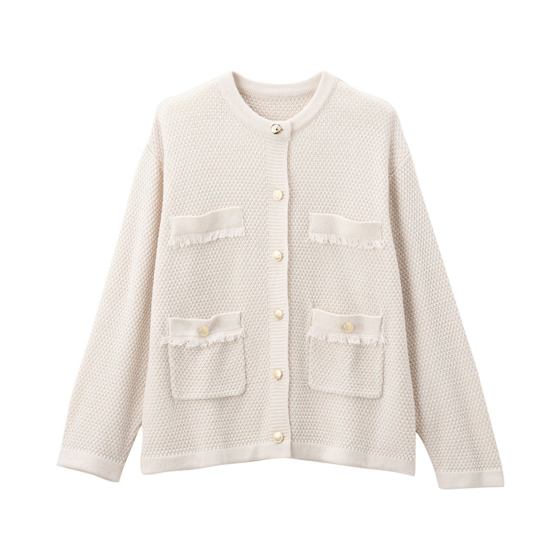 アロッタ Alotta 金ボタン付ツイード調ニットカーディガン （オフ