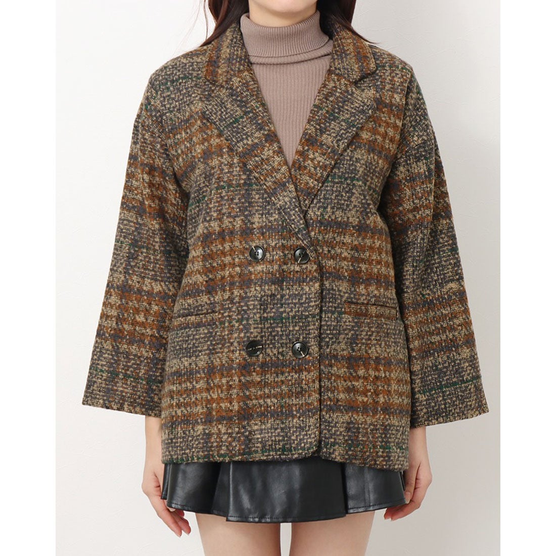 ジュノア JUNOAH チェックショートコート （ブラウン） -靴