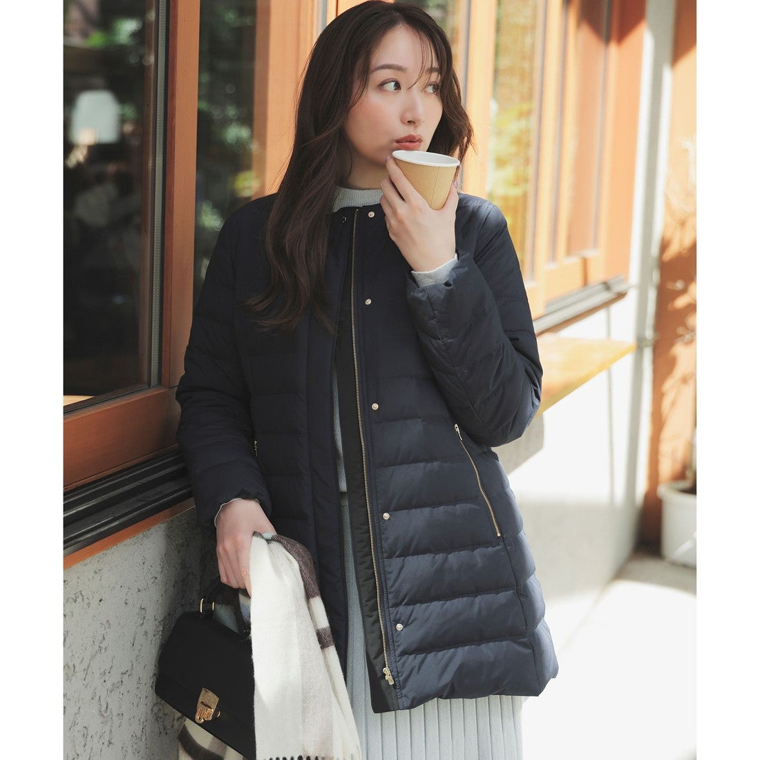 ANY SIS 【撥水・洗える】2WAYノーカラーミドル ダウン （ネイビー