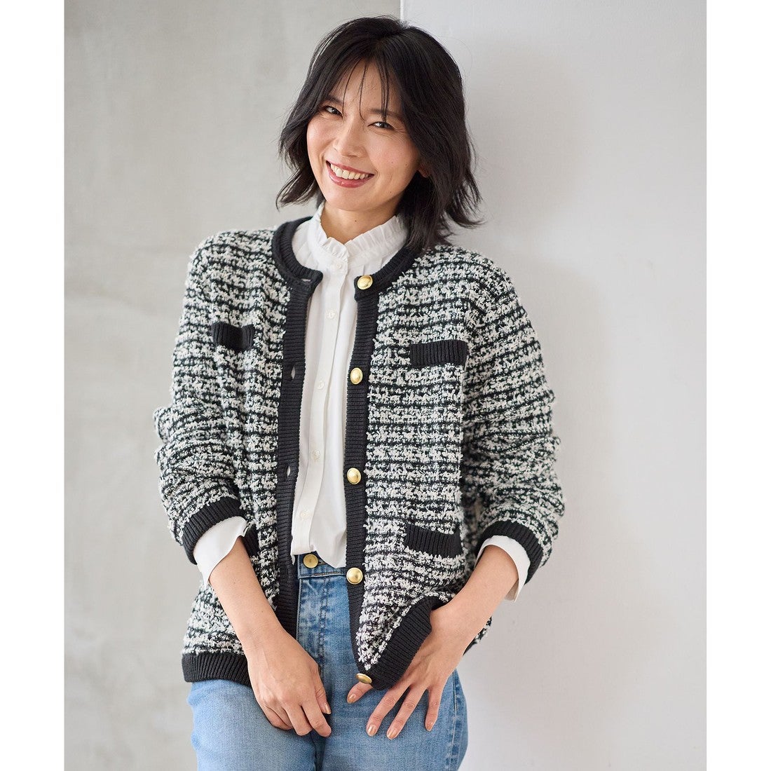 ANY 【洗濯機可】ツイードニットジャケット （ブラック×ホワイト） -靴