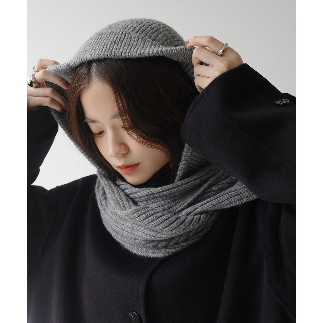 アンドミー andme ニット バラクラバ フード マフラー （グレー杢