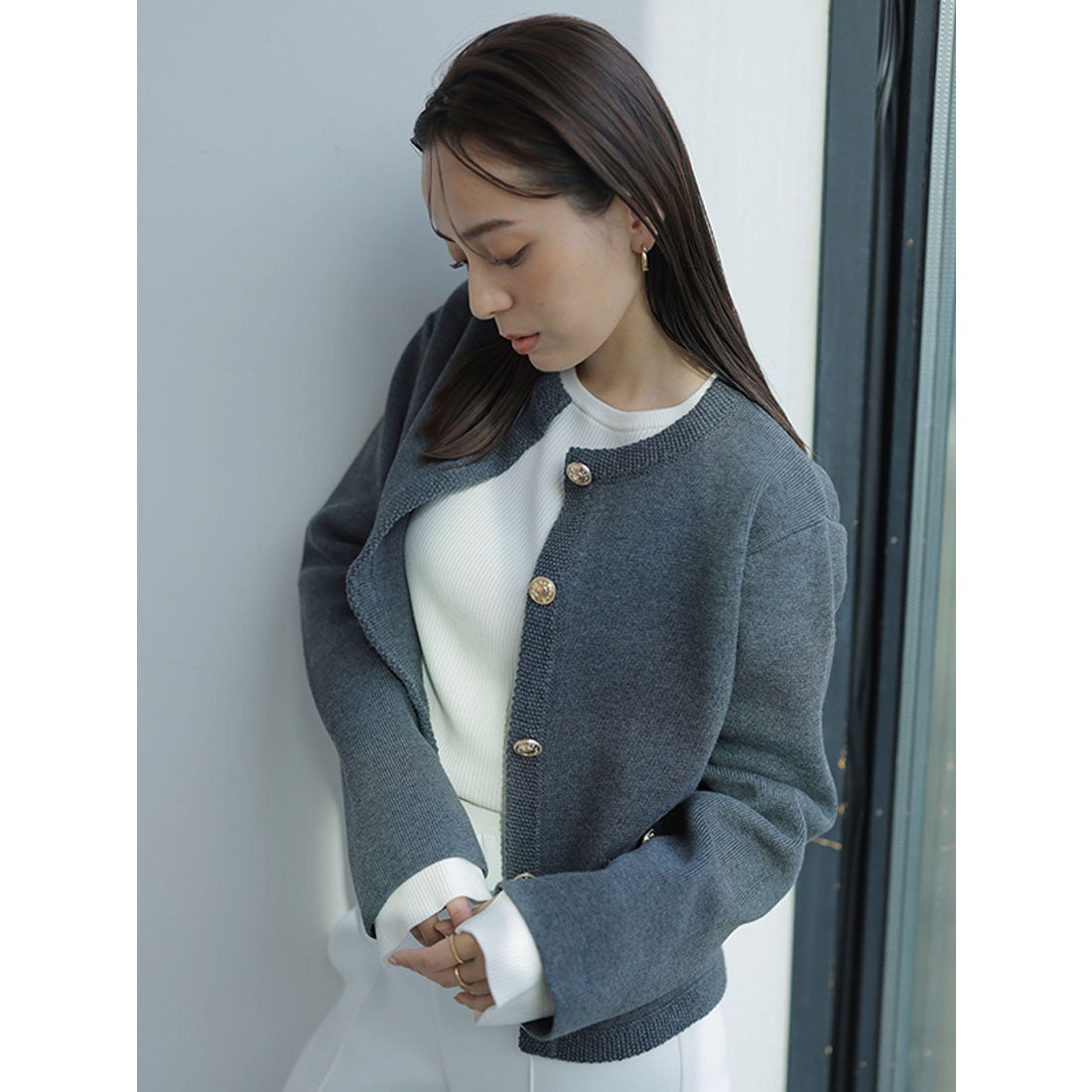 アニュアンス anuans オリジナルボタンノーカラーニットジャケット