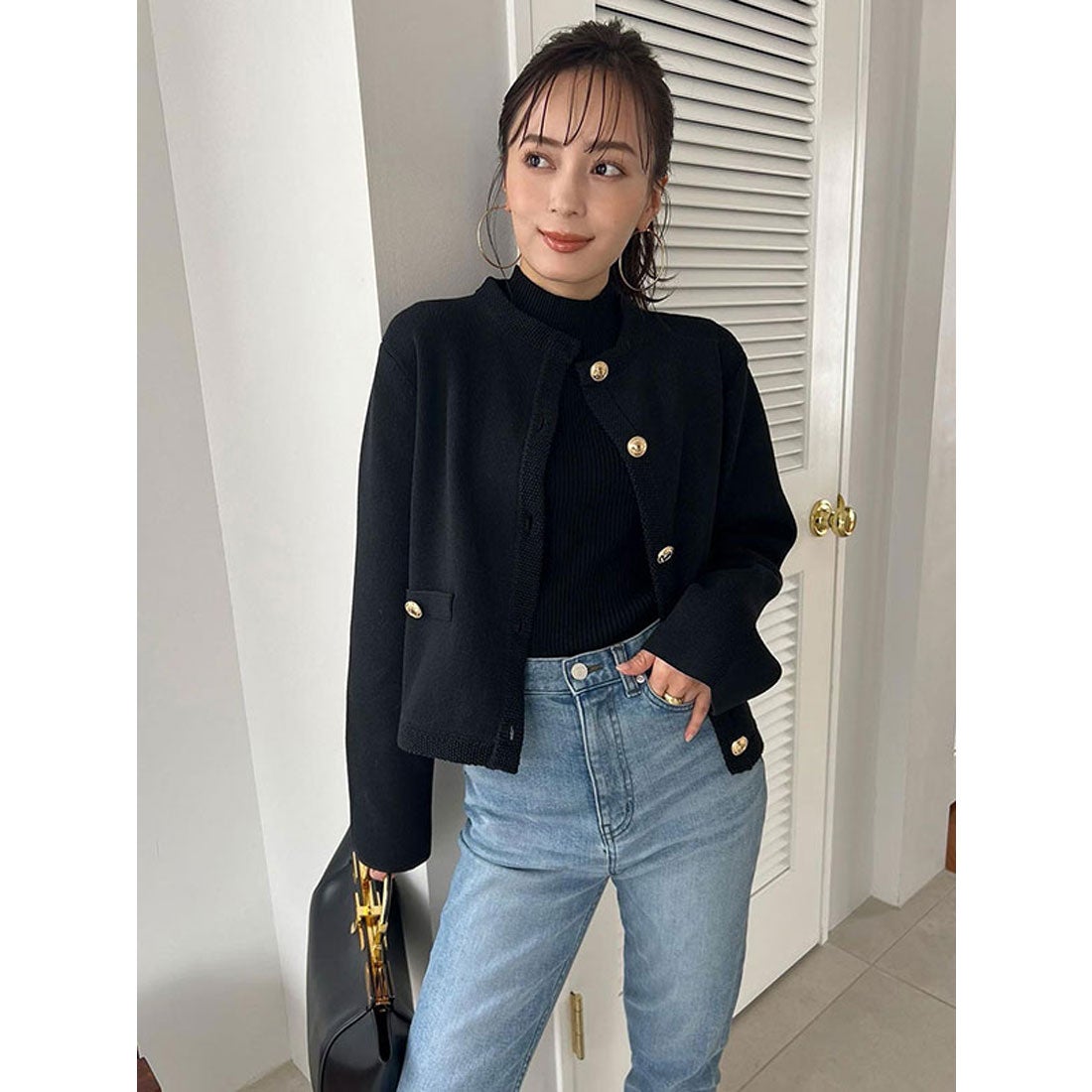 アニュアンス anuans オリジナルボタンノーカラーニットジャケット