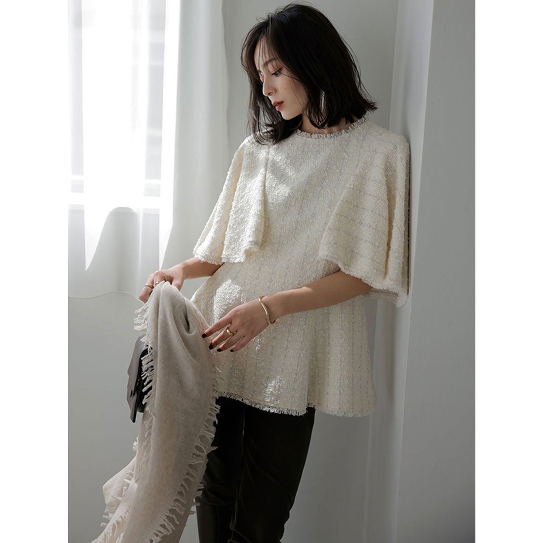 アニュアンス anuans ケープデザインツイードペプラムブラウス （DARK