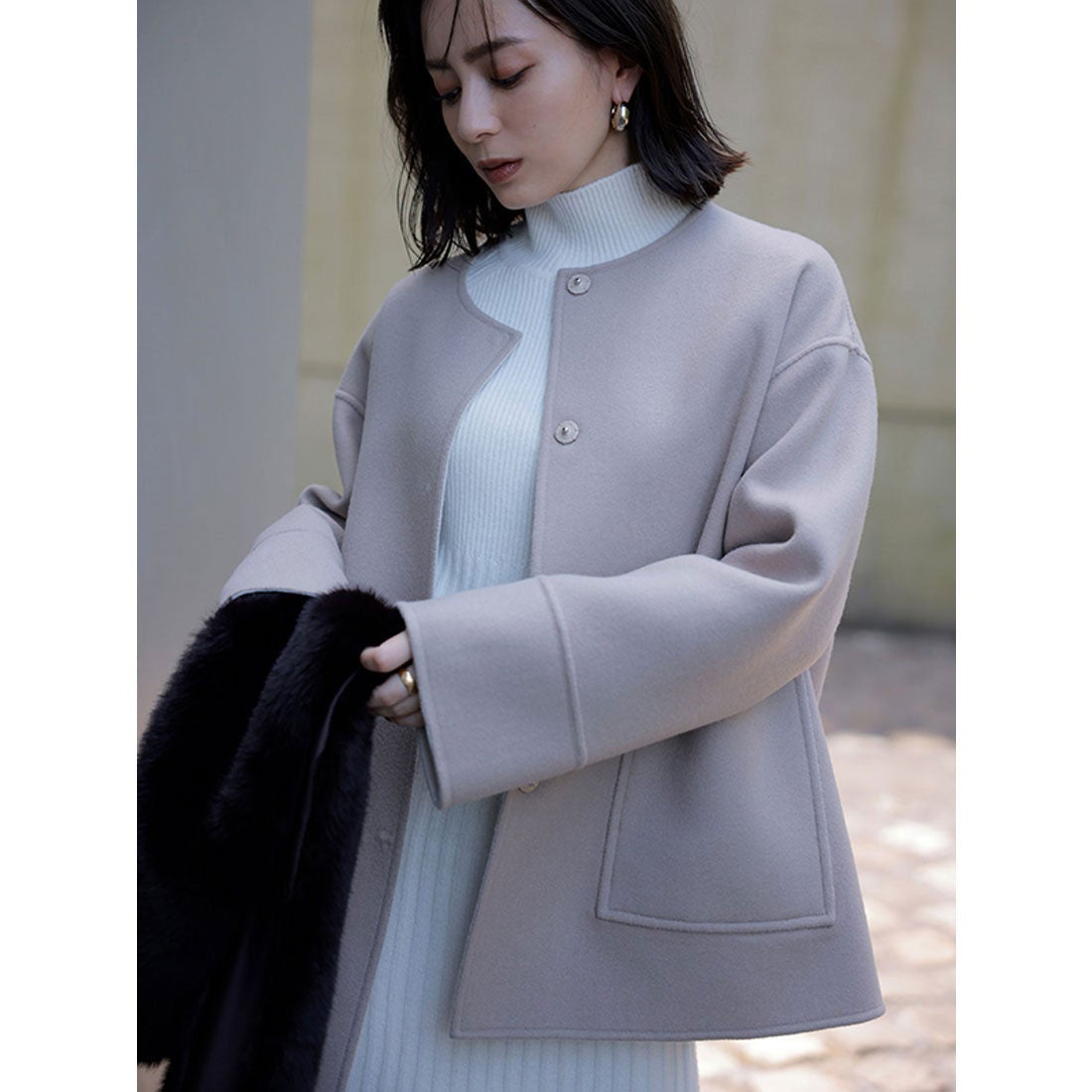 アニュアンス anuans バイカラーショートリバーコート （ECRU） -靴