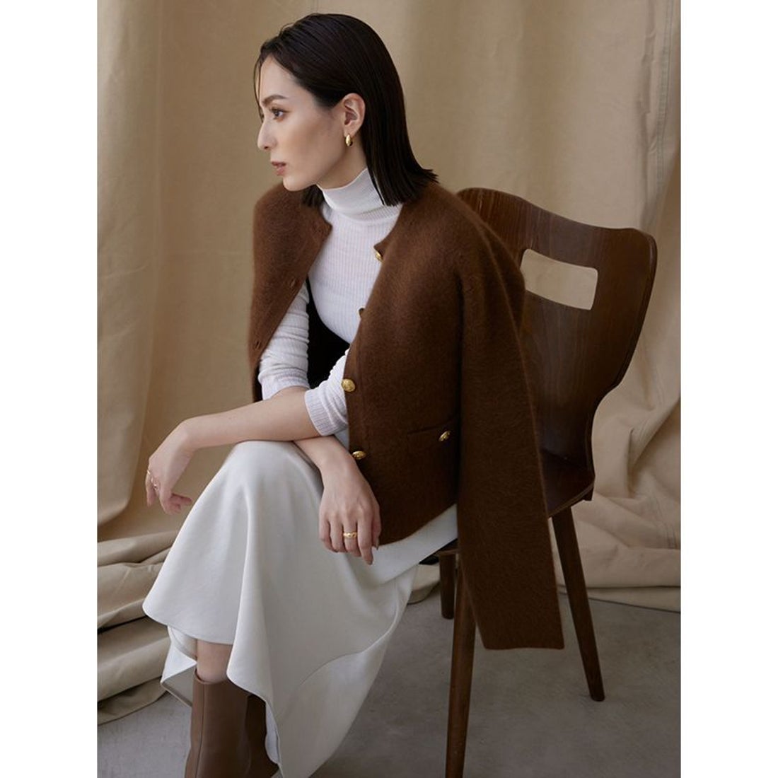 アニュアンス anuans ラクーンブレンドノーカラーニットジャケット