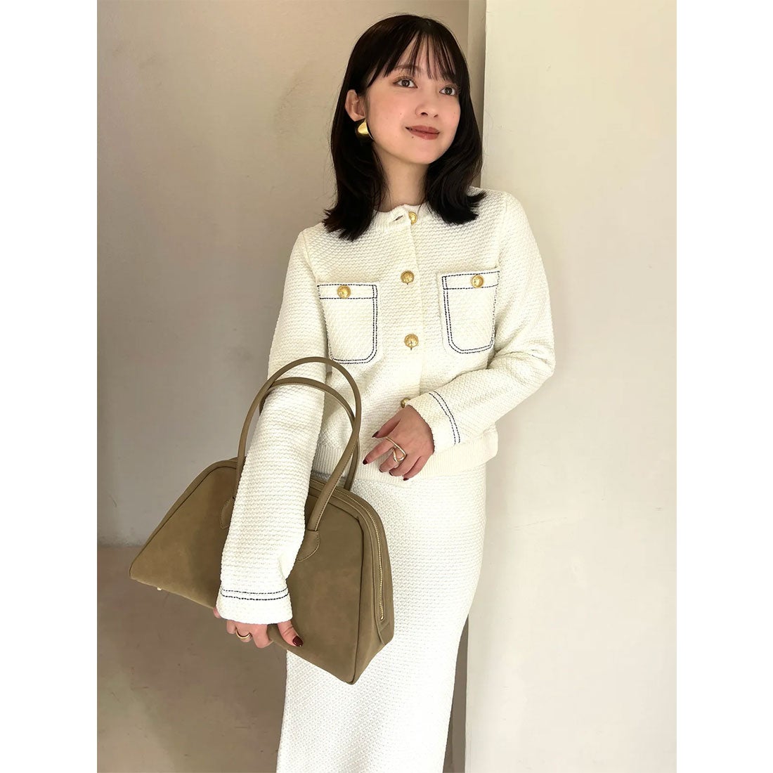 アニュアンス anuans ノーカラーニットジャケット （WHITE