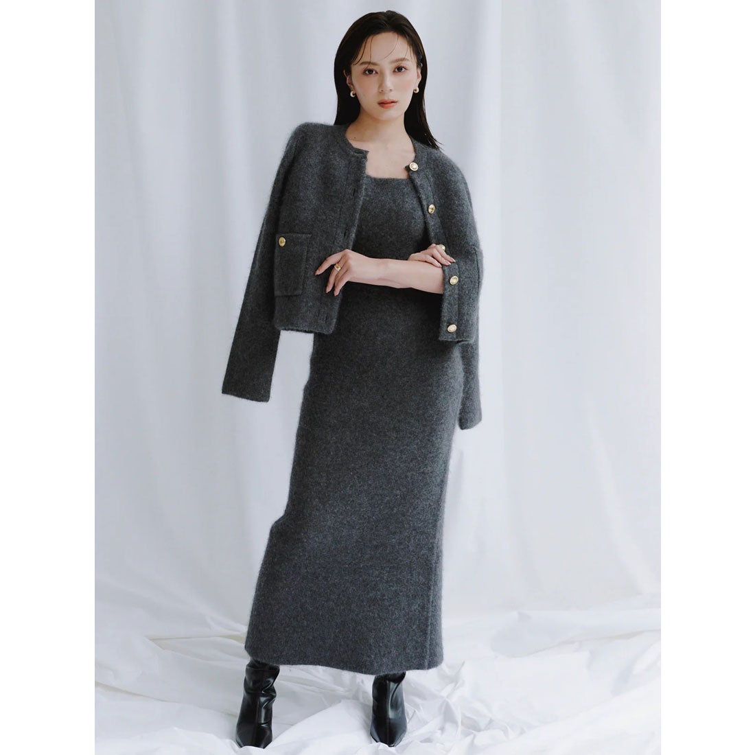 アニュアンス anuans カシミヤブレンドノーカラーニットジャケット