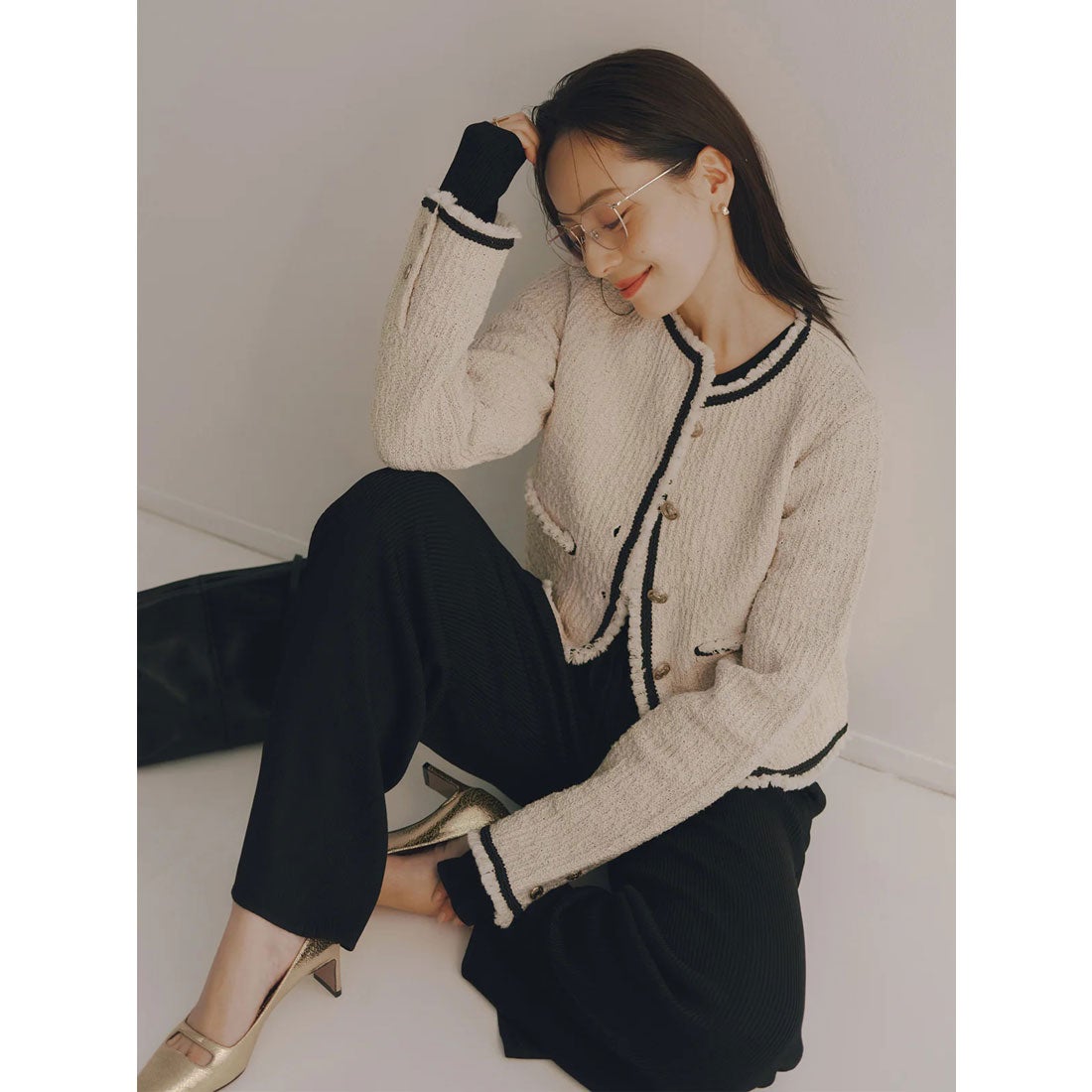 アニュアンス anuans クラシカルノーカラーニットジャケット （NAVY