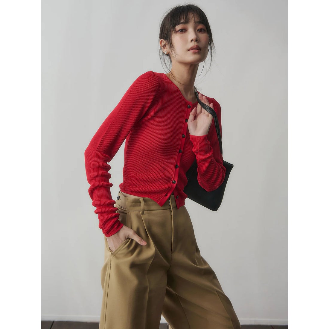 アニュアンス anuans リュクスビスコースリブニットカーディガン （RED