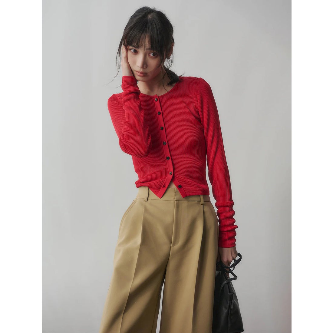 アニュアンス anuans リュクスビスコースリブニットカーディガン （RED