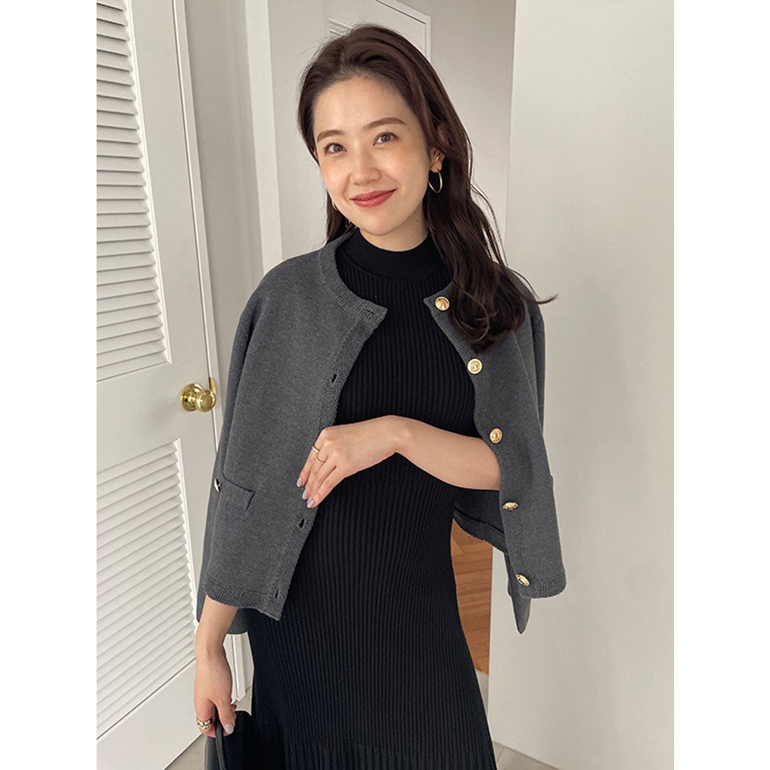 アニュアンス anuans オリジナルボタンノーカラーニットジャケット