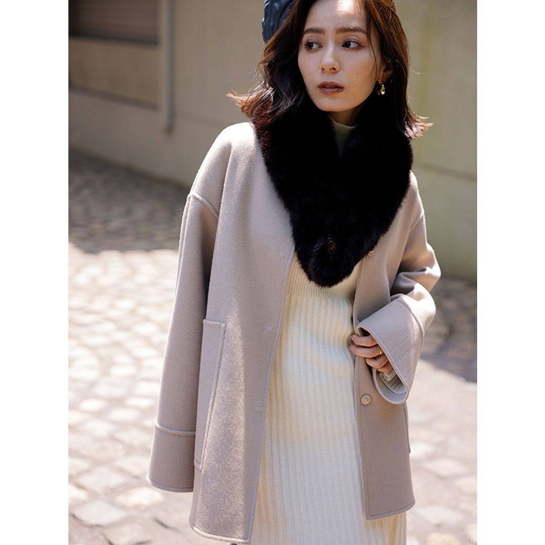 アニュアンス anuans バイカラーショートリバーコート （ECRU） -靴