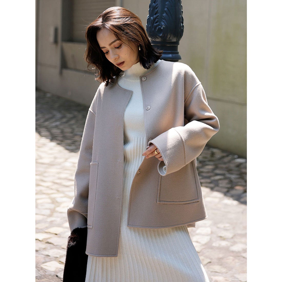 アニュアンス anuans バイカラーショートリバーコート （ECRU） -靴