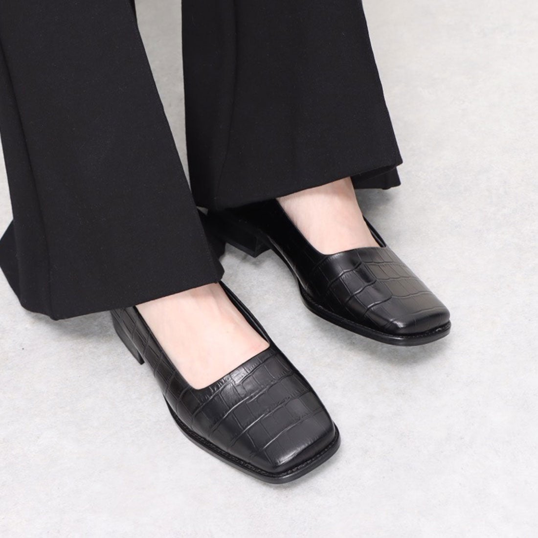 ボントレ BONTRE スクエアトウフラットパンプス （ブラウンクロコ