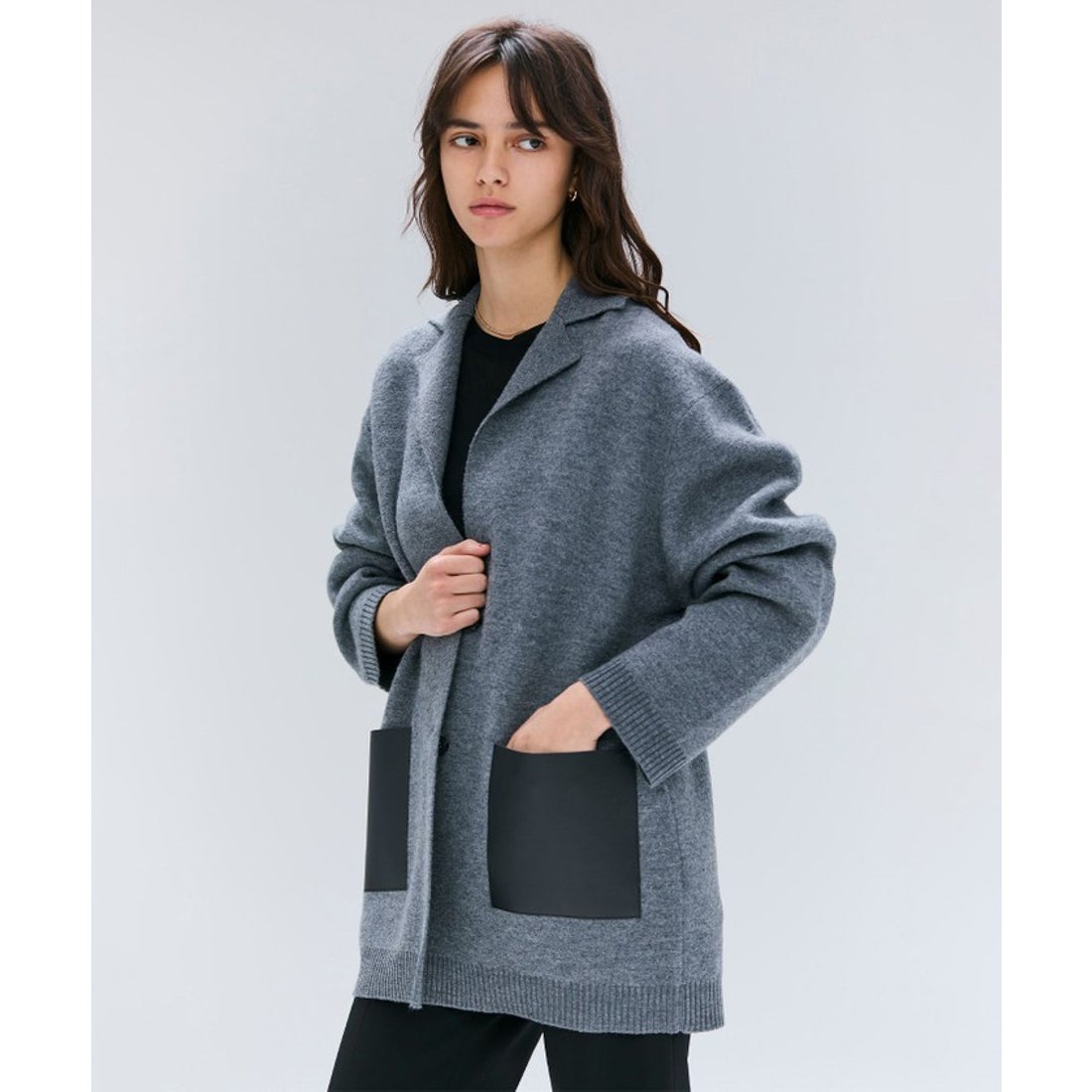 ベイジ, BEIGE, CHICORA / レザーポケット付きウールニットジャケット