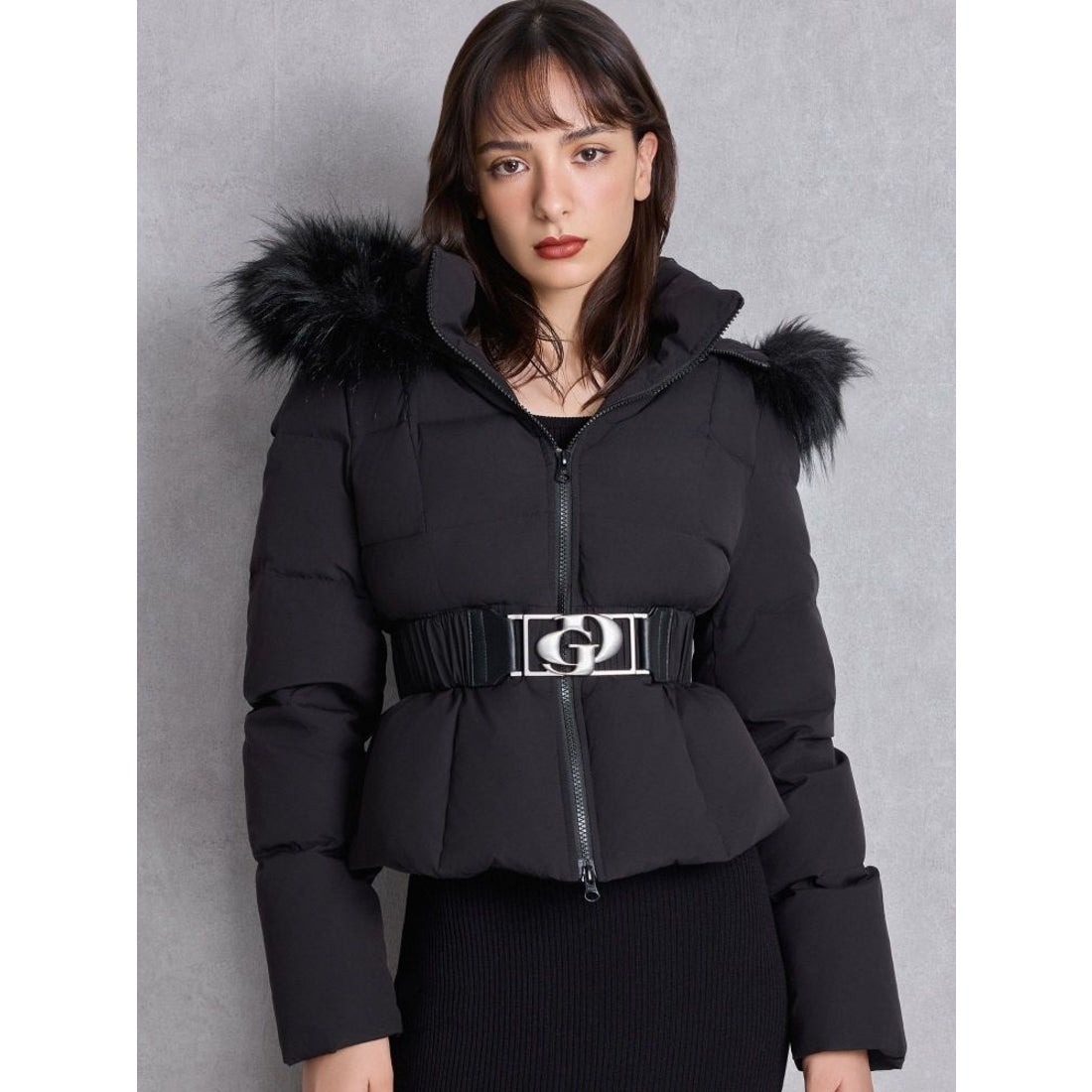 ジェイダ GYDA GDベルト付きショートダウンコート （ブラック） -靴