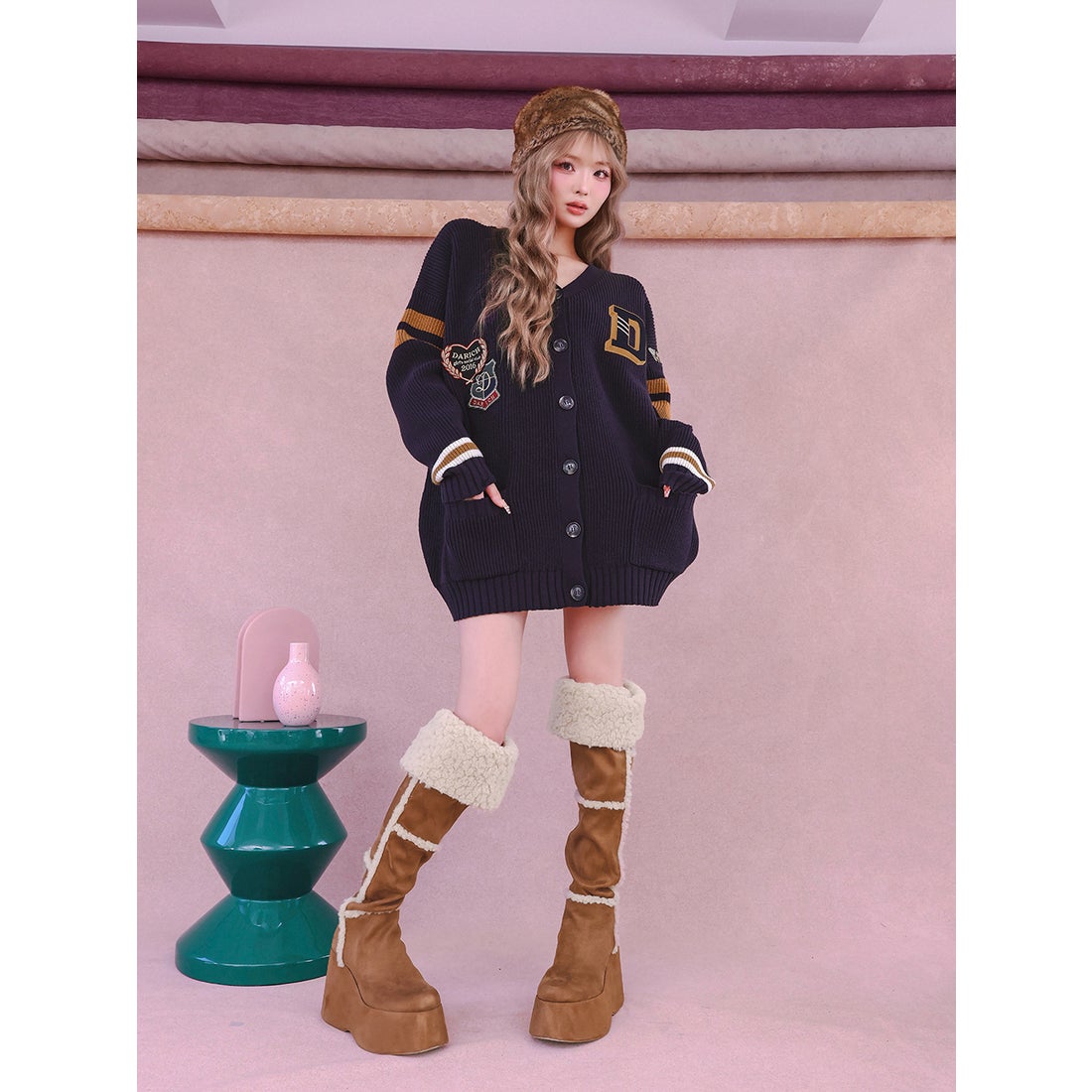 ダーリッチ Darich フェイクムートンニーハイブーツ （キャメル） -靴