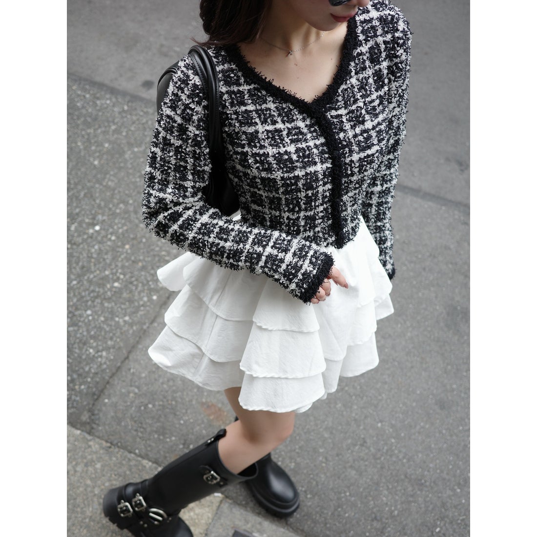 ダーリッチ Darich ボリュームフリルツイードニットミニワンピース