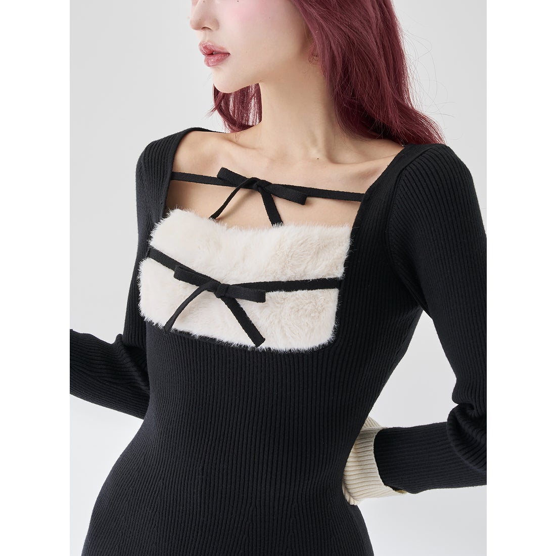 Darich リボンファーフレアニットミニワンピース FREEブラック