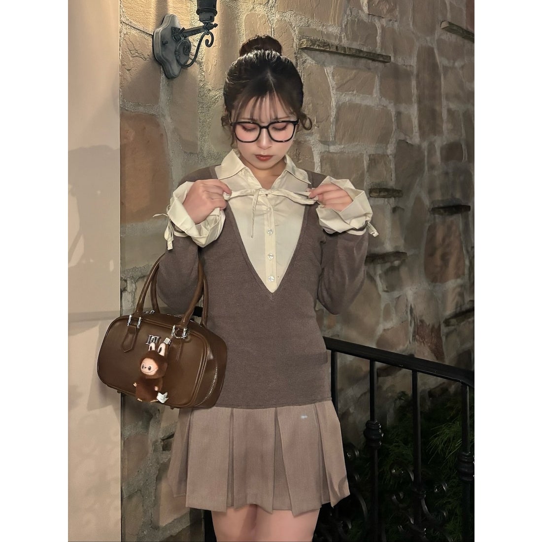 ダーリッチ Darich シャツドッキングプリーツミニワンピース （モカ