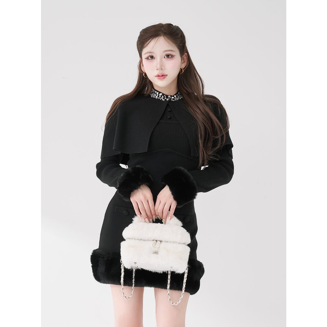 ダーリッチ Darich ビジューケープニットミニワンピース （ブラック