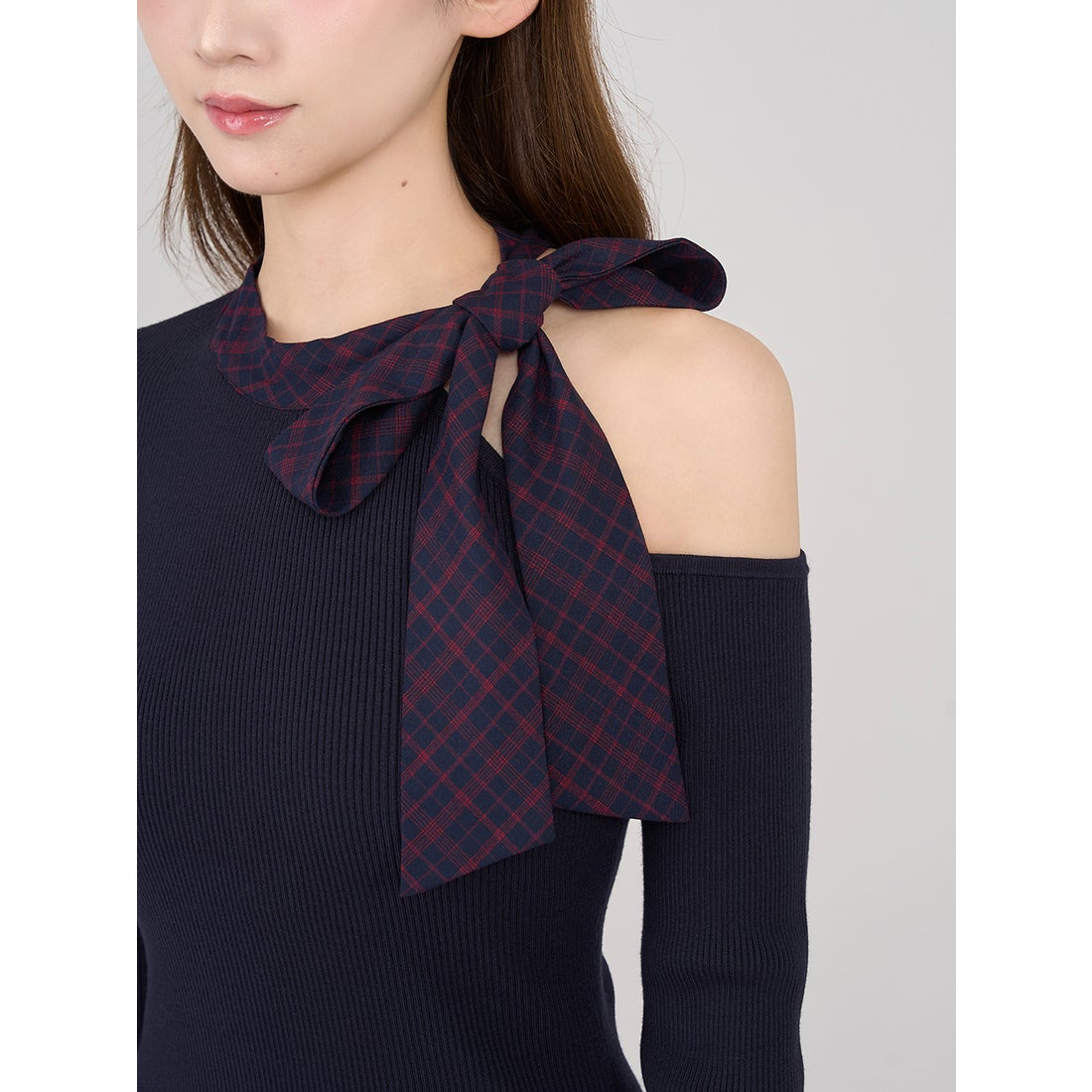 ダーリッチ Darich チェックリボンワンショルニットミニワンピース