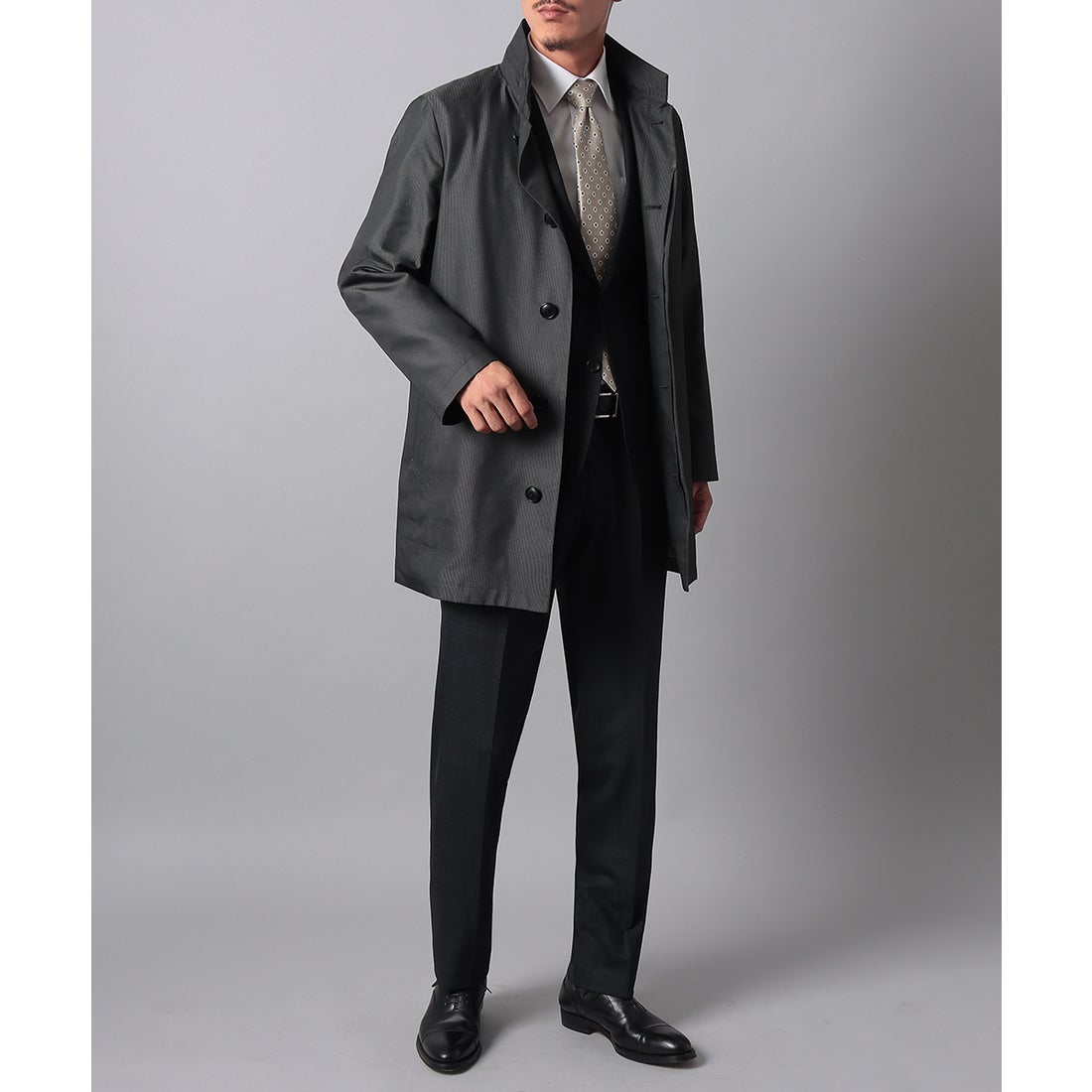 コードピケスタンドカラーコート(ショートレングス) （チャコール） -D