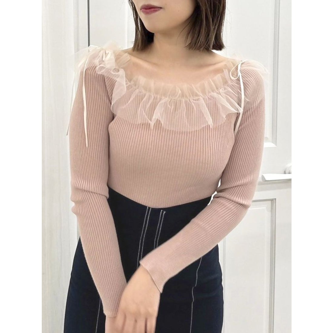 ダズリン dazzlin リボンチュールオフショルニットトップス （ピンク