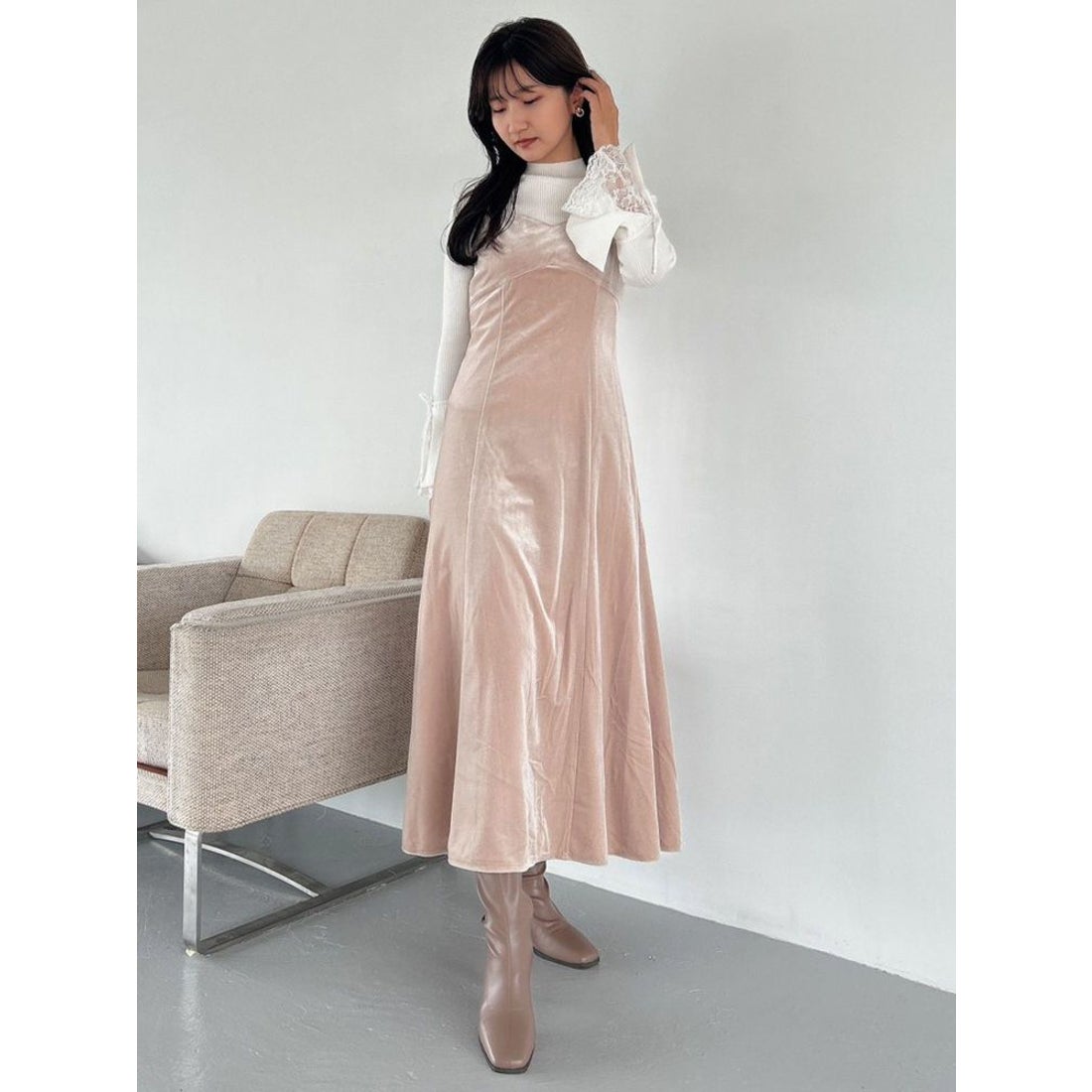 dazzlin バックレースアップ別珍キャミワンピース（ピンク） -靴