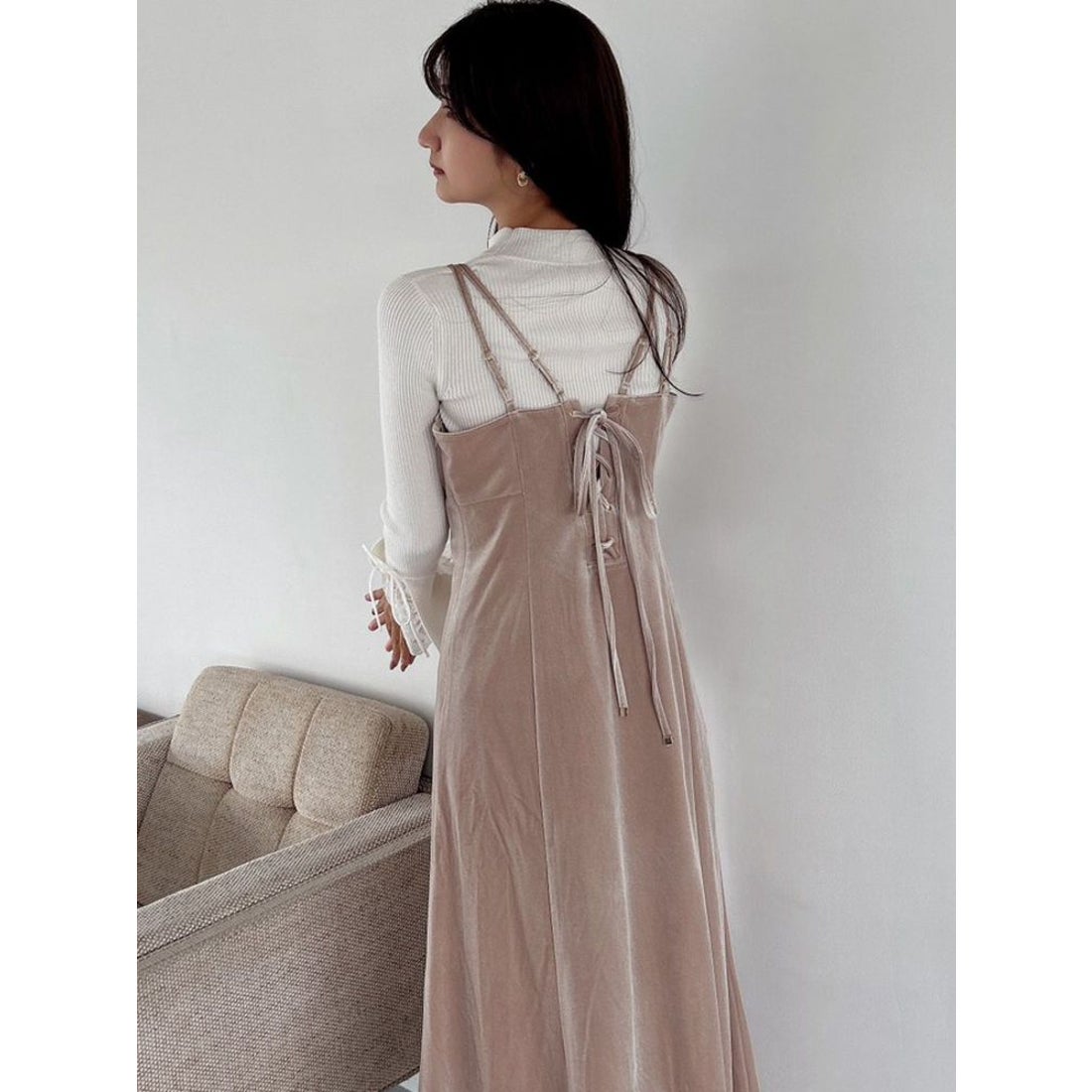 dazzlin バックレースアップ別珍キャミワンピース（ピンク） -靴