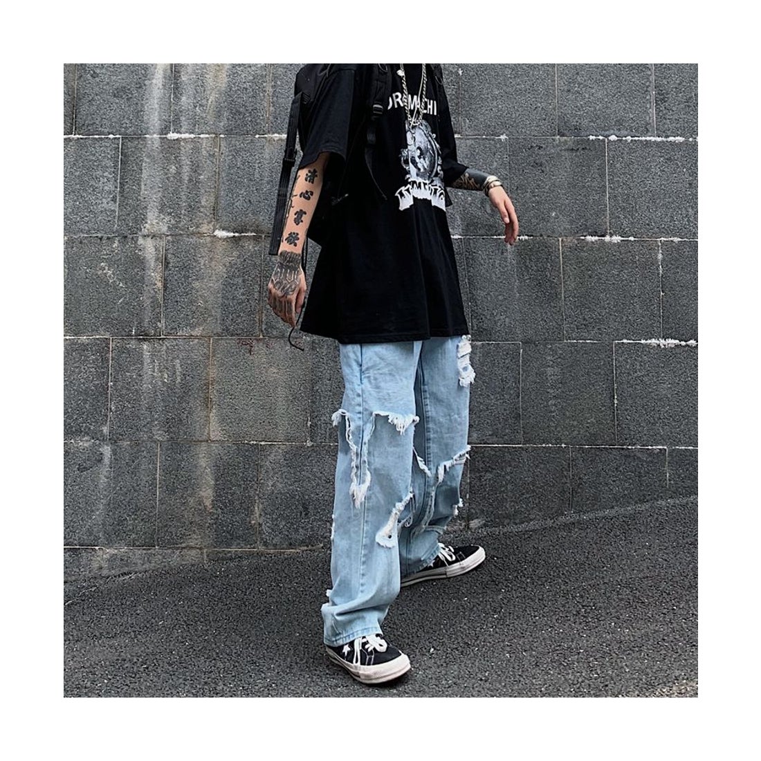 デバイス DEVICE ルーズデザイン ダメージ デニムパンツ （ブルー