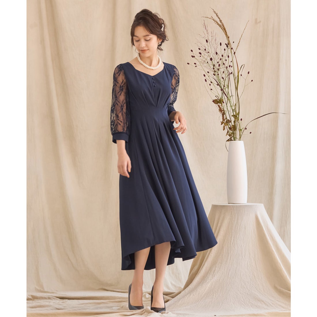 ドレスプラス DRESS+ ワンピース ドレス フレア Aライン ミモレ丈 袖付