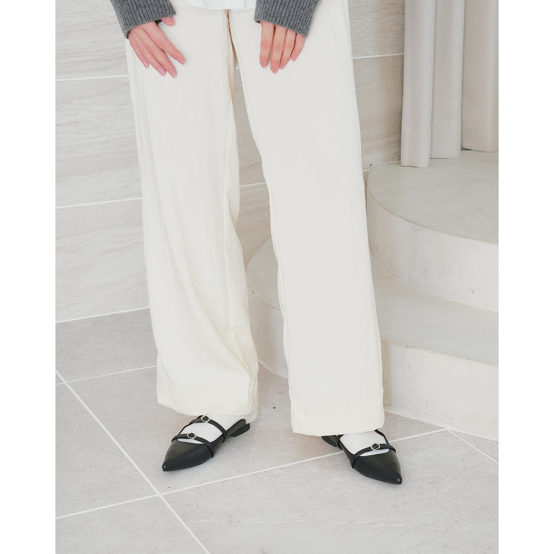 ダブルストラップ フラット ミュール （ブラック スムース） -Emma