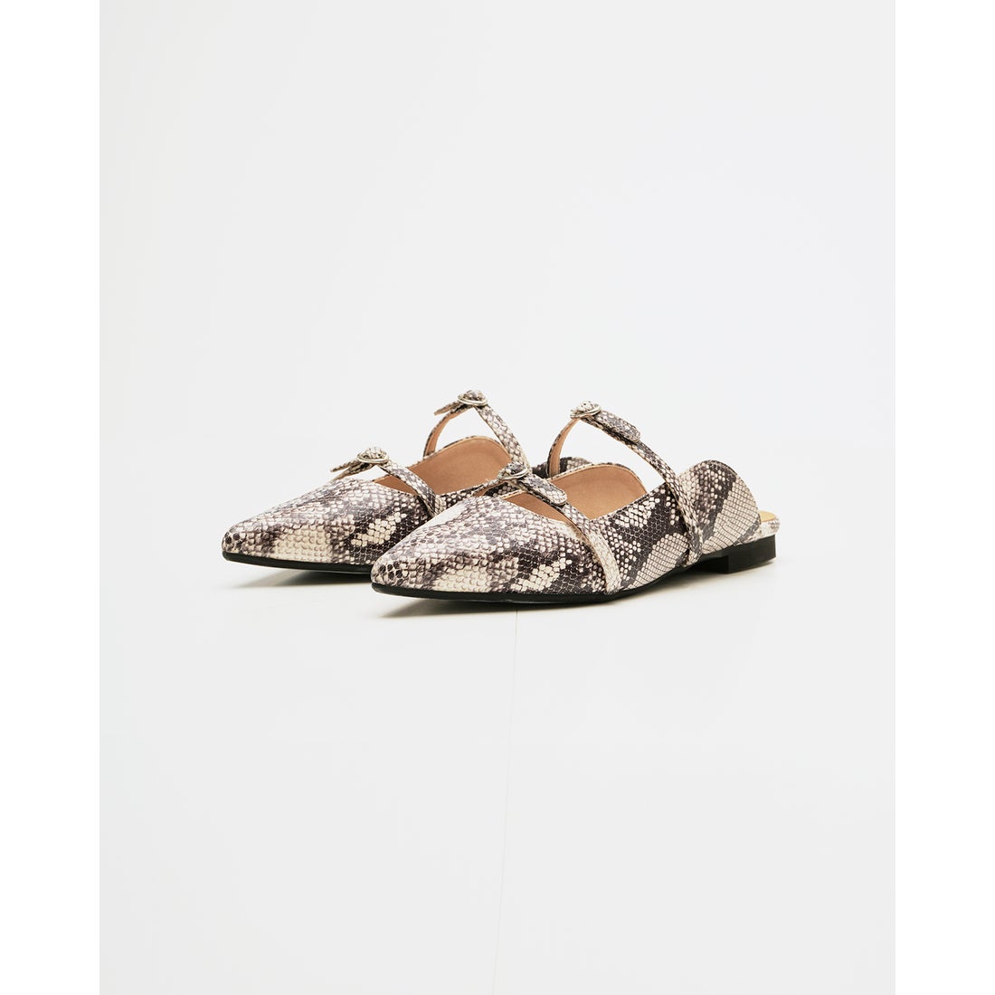 ダブルストラップ フラット ミュール （パイソン柄 スムース） -Emma