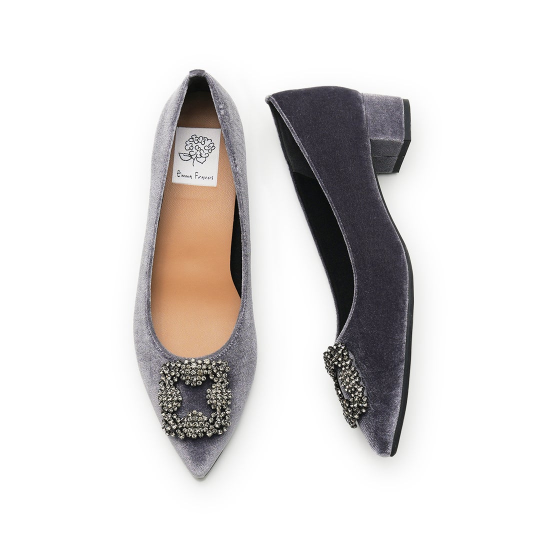 3cmヒール ビジューパンプス （グレー ベルベット） -Emma Francis