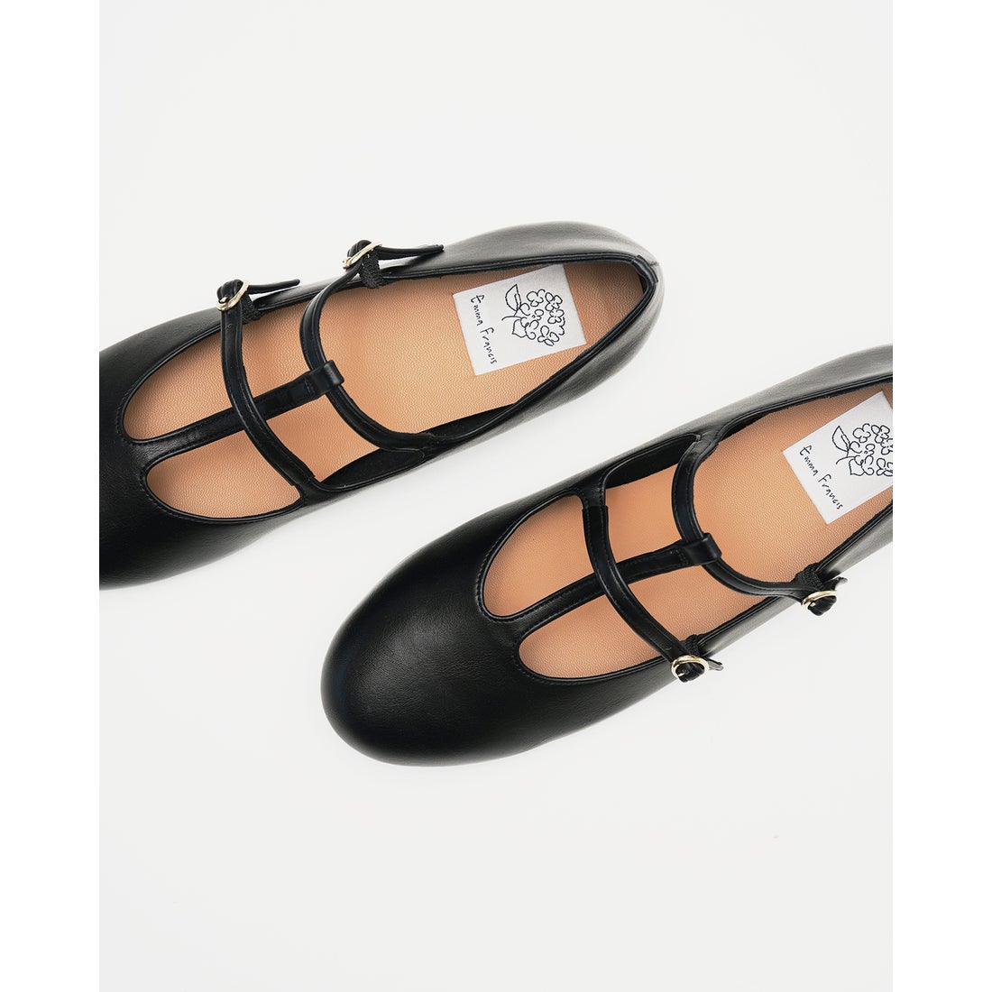 フラット ダブル Tストラップ メリージェーン （ブラック スムース