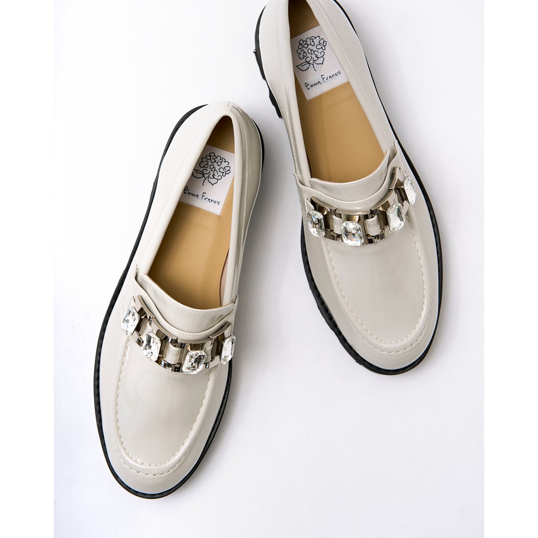 レイン対応】トラックソール ビジュー ローファー （グレー エナメル